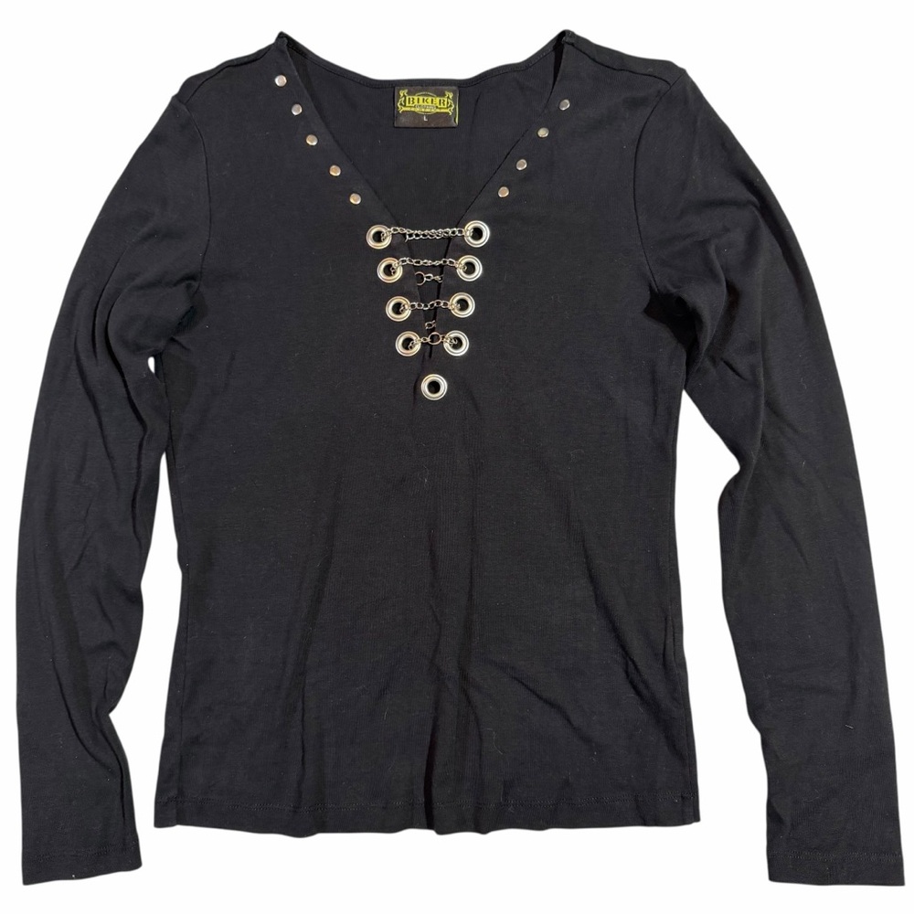 Women’s biker long sleeve silver chain Stugis top. Size L